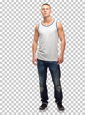 Buy stock photo Fashion, streetwear and portrait of young man with a casual, trendy and stylish outfit with confidence. Handsome, serious and full body of male model with style isolated by transparent png background