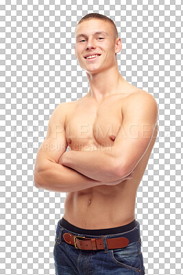 Buy stock photo Muscle, portrait and body of man with arms crossed isolated on a transparent png background. Person, happy and strong model or confident athlete with health, fitness or sport workout for abs in Spain