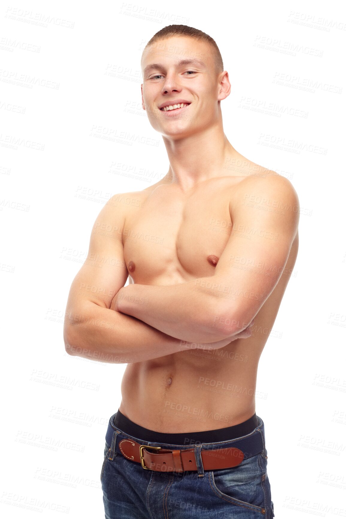 Buy stock photo Muscle, portrait and body of man with arms crossed isolated on a transparent png background. Person, happy and strong model or confident athlete with health, fitness or sport workout for abs in Spain