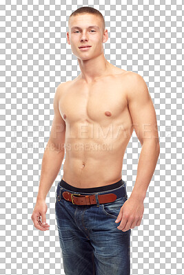 Buy stock photo Portrait, muscle and body of man in jeans isolated on a transparent png background. Power, abs and strong model or athlete with health, fitness and bodybuilder workout, exercise or training in Spain