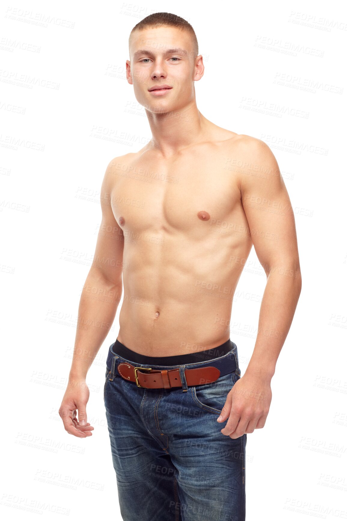 Buy stock photo Portrait, muscle and body of man in jeans isolated on a transparent png background. Power, abs and strong model or athlete with health, fitness and bodybuilder workout, exercise or training in Spain