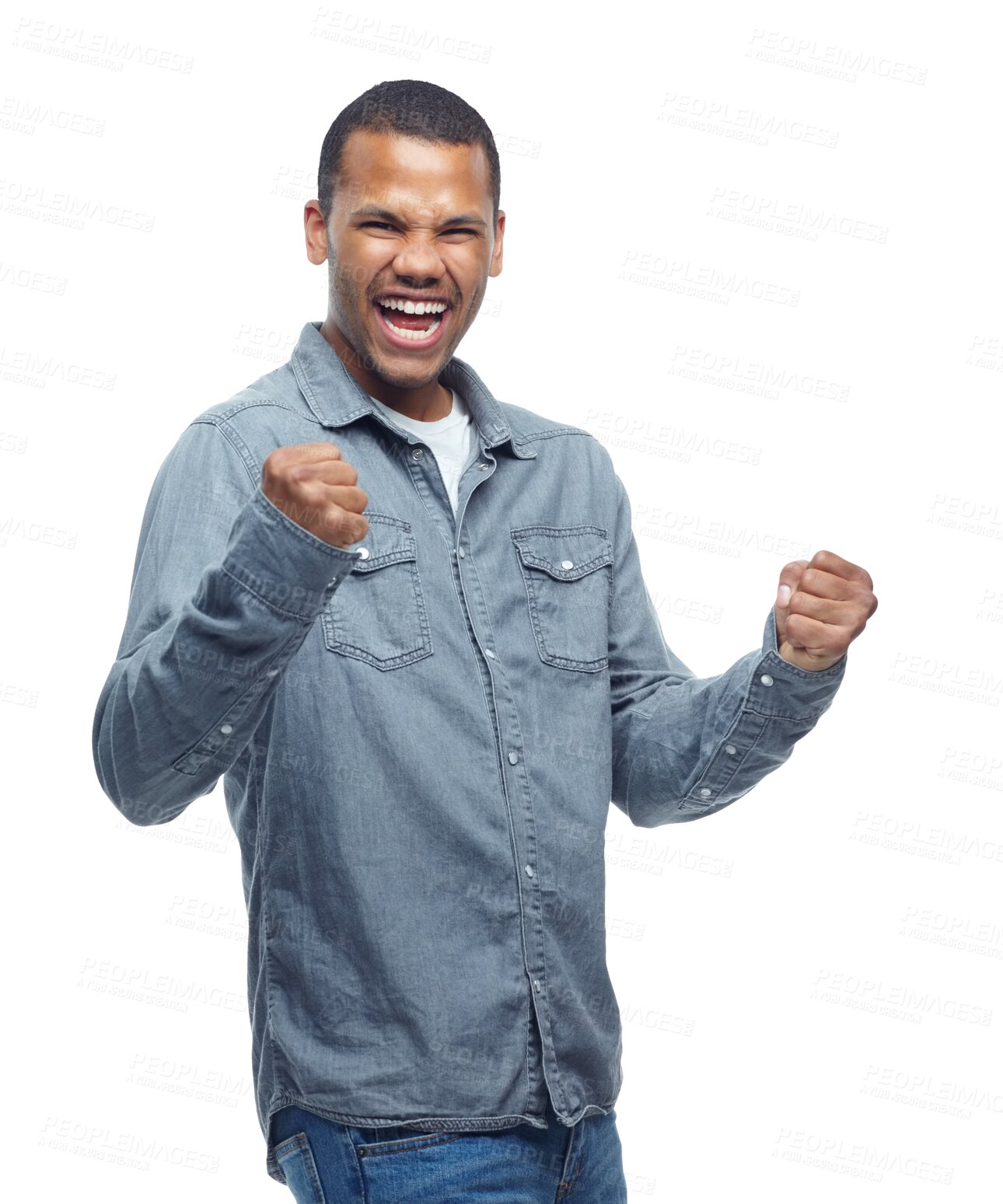 Buy stock photo Business man, winner portrait and success, yes or celebration of sales, bonus or career opportunity. Wow, power and cheers of young person for startup goals isolated on a transparent, png background