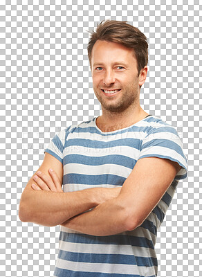 Buy stock photo Fashion, confident and portrait of man with crossed arms on png, isolated and transparent background. Happy, handsome and male person from Canada relax with casual clothes, stylish outfit and tshirt