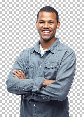 Buy stock photo Arms crossed, fashion and portrait of black man on png for casual, trendy and pride. Confidence, manager and professional with person isolated on transparent background for attitude and  style