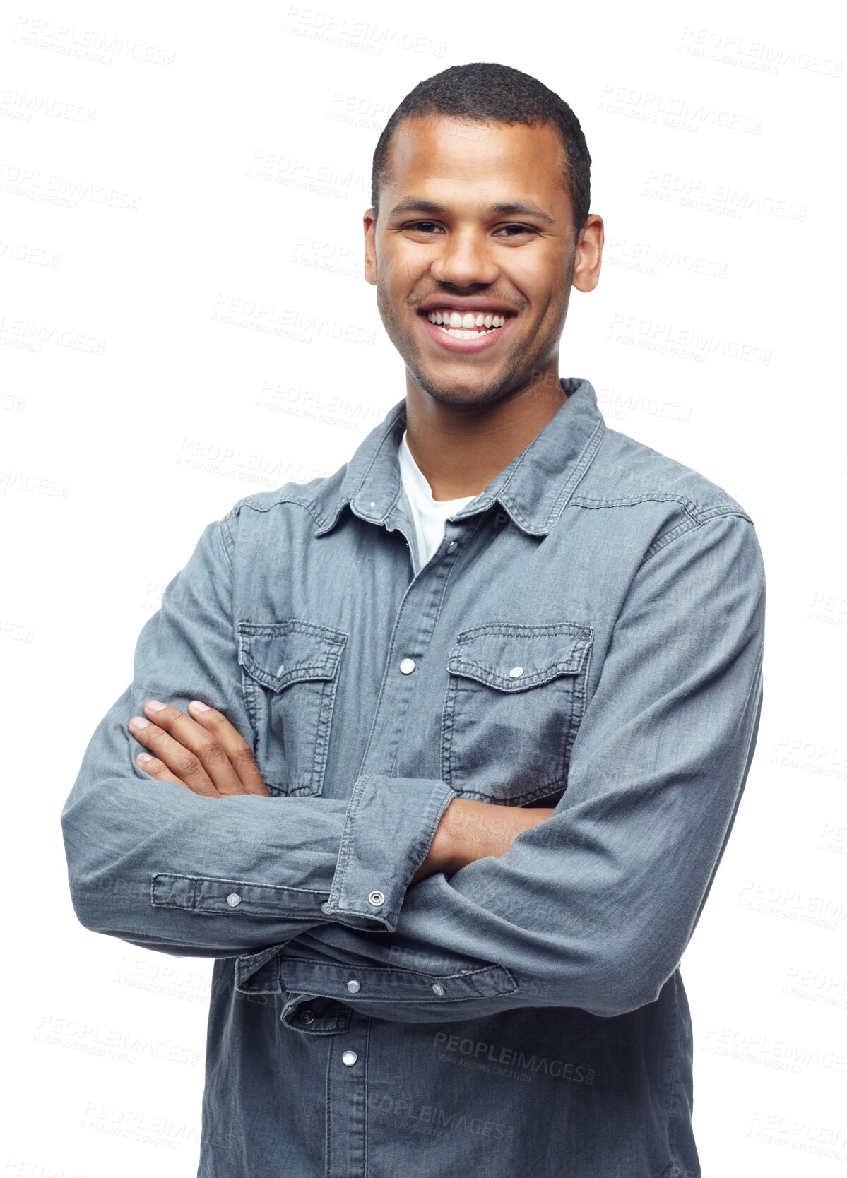 Buy stock photo Arms crossed, fashion and portrait of black man on png for casual, trendy and pride. Confidence, manager and professional with person isolated on transparent background for attitude and  style