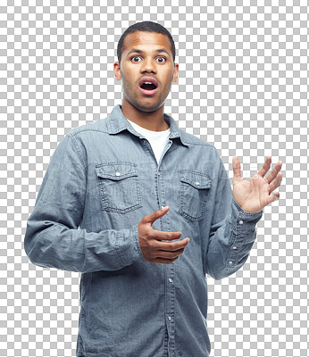 Buy stock photo Black man, portrait and surprise in horror, shock or wow reaction to announcement of deal on isolated, transparent or png background. Shocked, face and promotion of crazy discount, sale or news