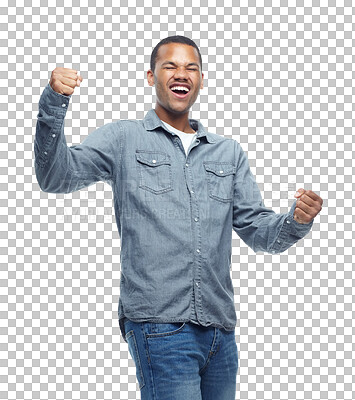 Buy stock photo Success, smile and happy with black man and fist pump on png for winner, celebration and achievement. Yes, bonus and reward with person isolated on transparent background for excited, wow and news