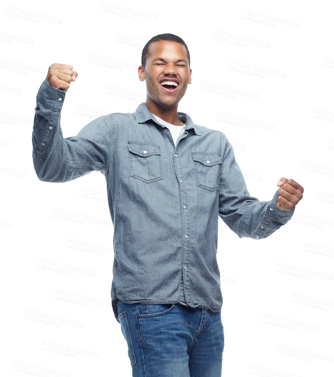 Buy stock photo Success, smile and happy with black man and fist pump on png for winner, celebration and achievement. Yes, bonus and reward with person isolated on transparent background for excited, wow and news