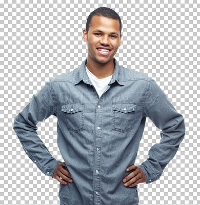 Buy stock photo Happy, fashion and portrait of black man on png for casual, trendy and pride. Confidence, manager and professional with person isolated on transparent background for attitude and creative style