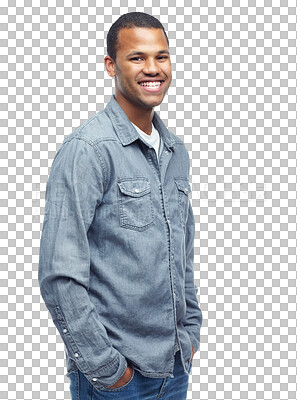 Buy stock photo Smile, fashion and portrait of black man on png for casual, trendy and pride. Confidence, manager and professional with person isolated on transparent background for attitude and creative style