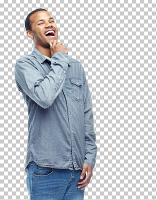 Buy stock photo Laugh, happy and portrait of a young man listening to a comic joke with a casual outfit. Happiness, smile and male model enjoying a comedy or funny conversation isolated by transparent png background