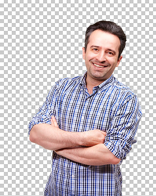 Buy stock photo Portrait, man and smile with arms crossed in casual fashion, style and confidence while isolated on a transparent png background. Happy mature male model feeling proud in good mood from Australia 