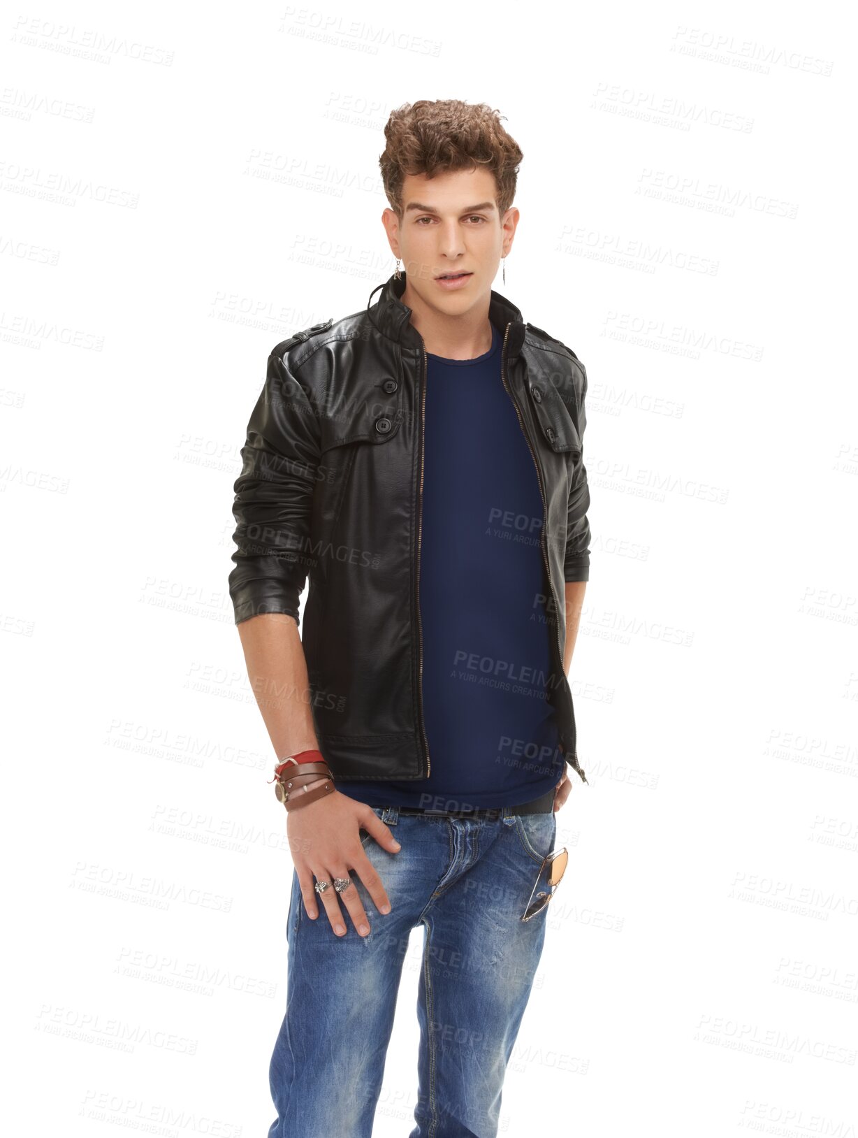 Buy stock photo Portrait, fashion and man in leather jacket isolated on a transparent png background. Confidence, serious and model, biker or person in cool clothes, stylish jeans and trendy aesthetic from Australia