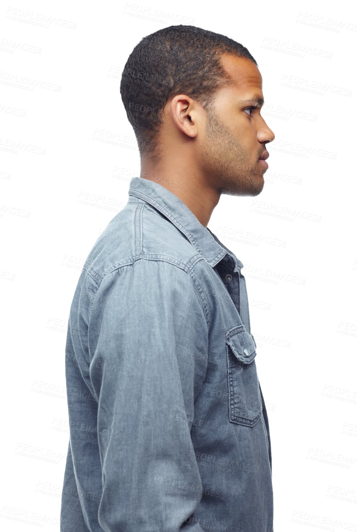 Buy stock photo Fashion, modern and profile of man with serious, thinking and casual pose. Model, African person with modern, stylish and trendy clothes with confidence isolated on transparent, png background