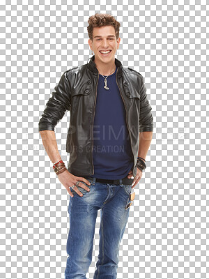 Buy stock photo Portrait, fashion and happy man in leather jacket isolated on a transparent png background. Confidence, smile and model, biker or person in cool clothes, jeans and trendy aesthetic from Australia