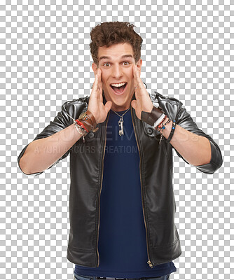 Buy stock photo Wow, surprise and portrait of man with news, discount or punk fashion sale on isolated, transparent and png background. Wtf, face ad excited male with announcement, deal or coming soon promotion