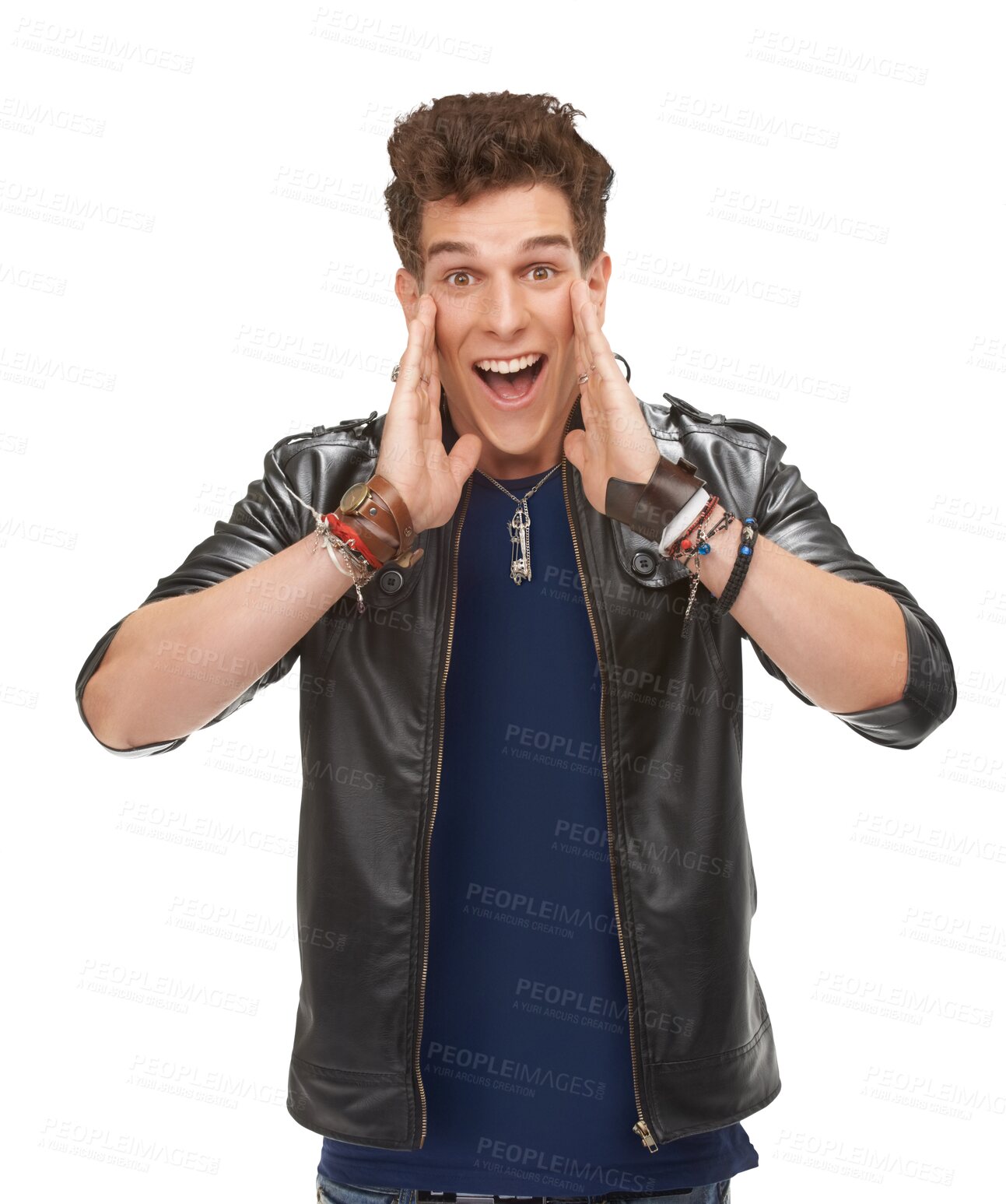 Buy stock photo Wow, surprise and portrait of man with news, discount or punk fashion sale on isolated, transparent and png background. Wtf, face ad excited male with announcement, deal or coming soon promotion