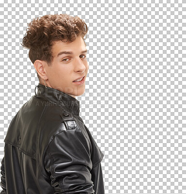 Buy stock photo Portrait, fashion and confident man in leather jacket isolated on a transparent png background. Face, serious and rock person, biker or model in cool clothes, trendy and stylish punk from Australia