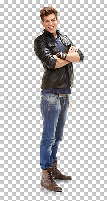 Buy stock photo Smile, man and arms crossed with leather jacket, cool fashion and trendy modern clothing. Young male person, handsome and isolated on transparent, png background with rocker model from France