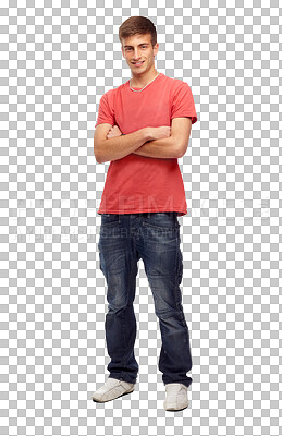 Buy stock photo Fashion, crossed arms and portrait of man with happy attitude and pride on png transparent background. Model, confident and isolated young male person with trendy clothes, casual style and outfit