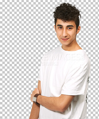 Buy stock photo Fashion, student and smile with portrait of man on png for learning, education and style. Pride, confident and future with face of teenager isolated on transparent background for gen z and attitude