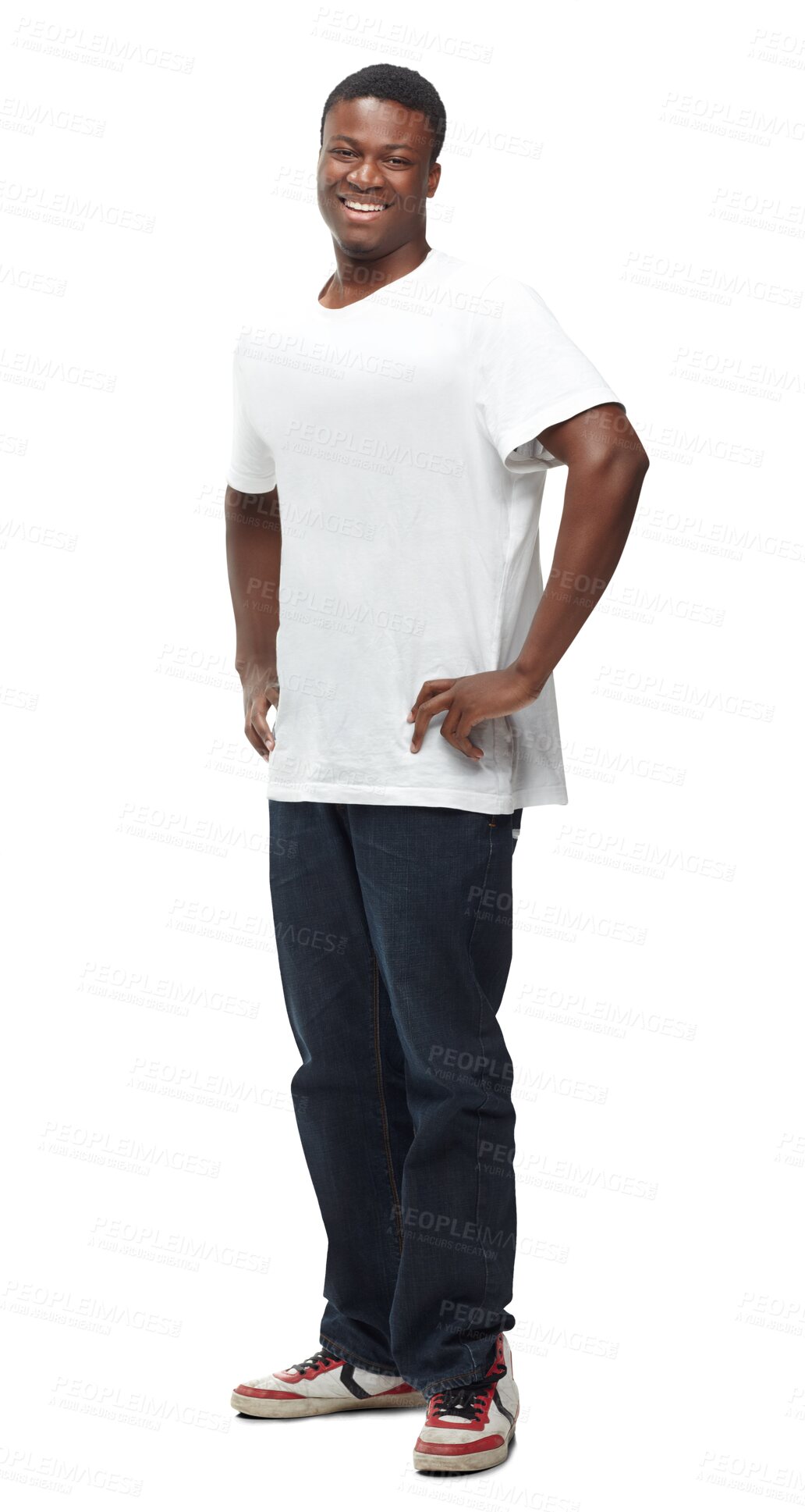 Buy stock photo Portrait, black man and confidence in fashion, streetwear and style on isolated, transparent or png background. Happy, person and pride in style with hands on hips in cool jeans and clothing for men