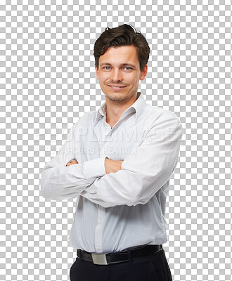 Buy stock photo Arms crossed, fashion and portrait of business man on png for casual, trendy and pride. Confidence, manager and professional with person isolated on transparent background for attitude and style