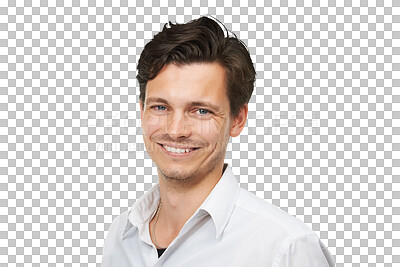 Buy stock photo Fashion, smile and portrait of young businessman with confidence, attractive person and isolated on transparent png background. Youth, pride and face of  happy man in trendy business clothes at work.