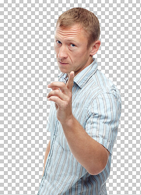 Buy stock photo Scold, pointing and portrait of a strict man in an argument, fight or stern discussion. Upset, angry and moody mature male person with warning finger gesture isolated by transparent png background.