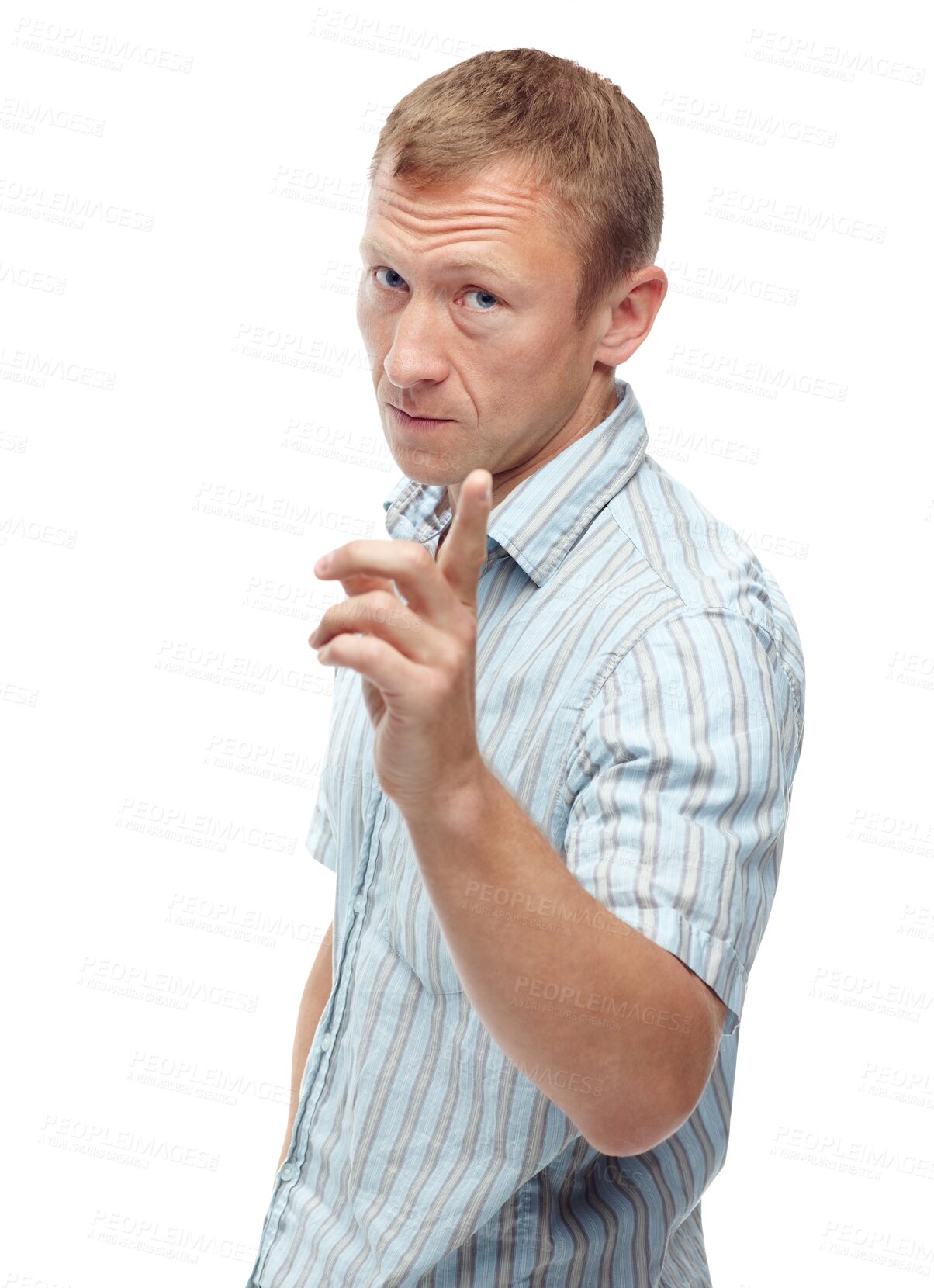 Buy stock photo Scold, pointing and portrait of a strict man in an argument, fight or stern discussion. Upset, angry and moody mature male person with warning finger gesture isolated by transparent png background.