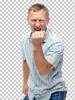 Buy stock photo Winner, yes and fist pump with portrait of man on png for success, celebration and achievement. Profit, bonus and reward with person isolated on transparent background for excited, wow and news