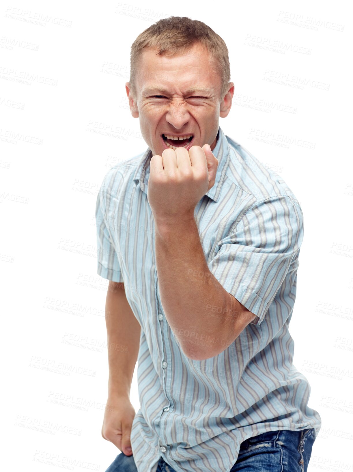 Buy stock photo Winner, yes and fist pump with portrait of man on png for success, celebration and achievement. Profit, bonus and reward with person isolated on transparent background for excited, wow and news