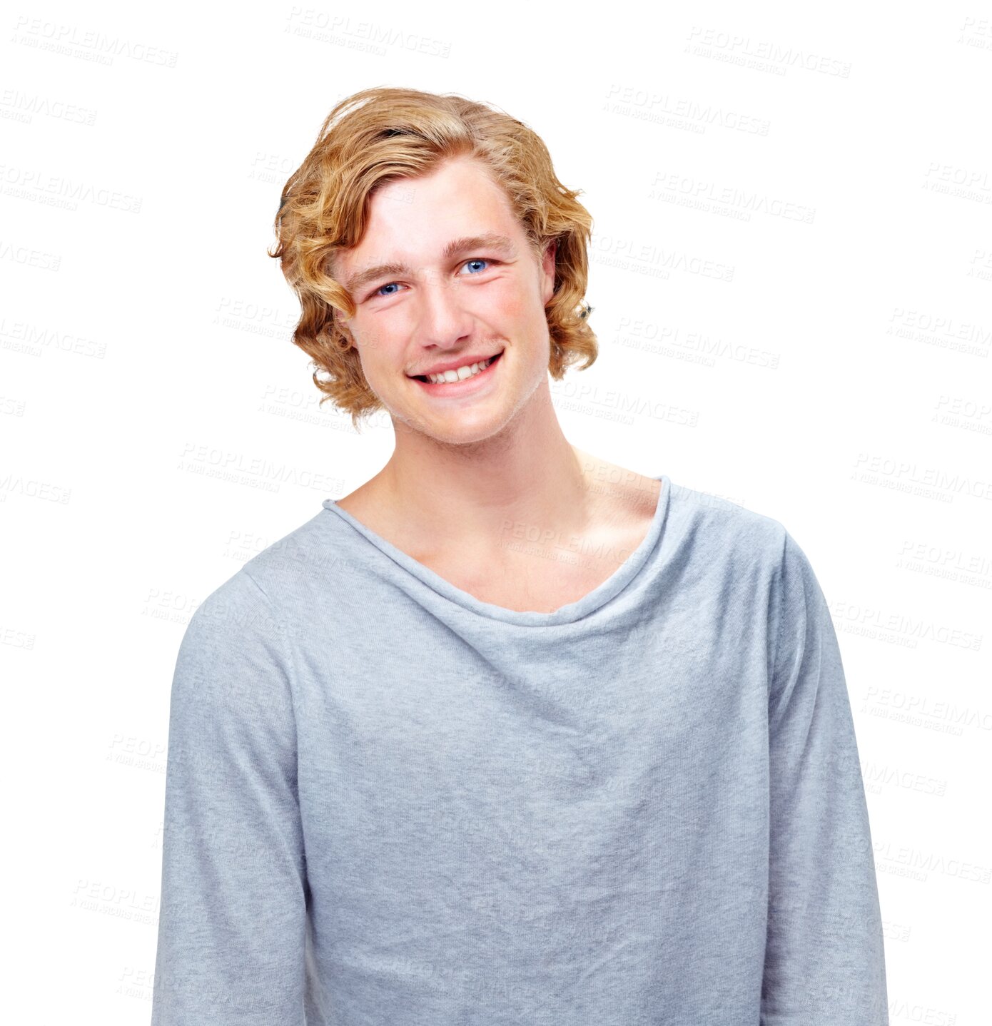 Buy stock photo Teen, happy man and smile portrait with gen z, clothes and fashion feeling confident. Face, male person and isolated on transparent, png background with teenager from Sweden with modern hipster style