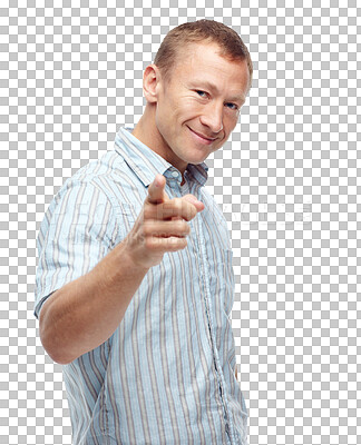 Buy stock photo Portrait of business man pointing you for winner, opportunity and success choice or hiring. Worker, employee or mature person, finger and hand sign for decision isolated on transparent png background