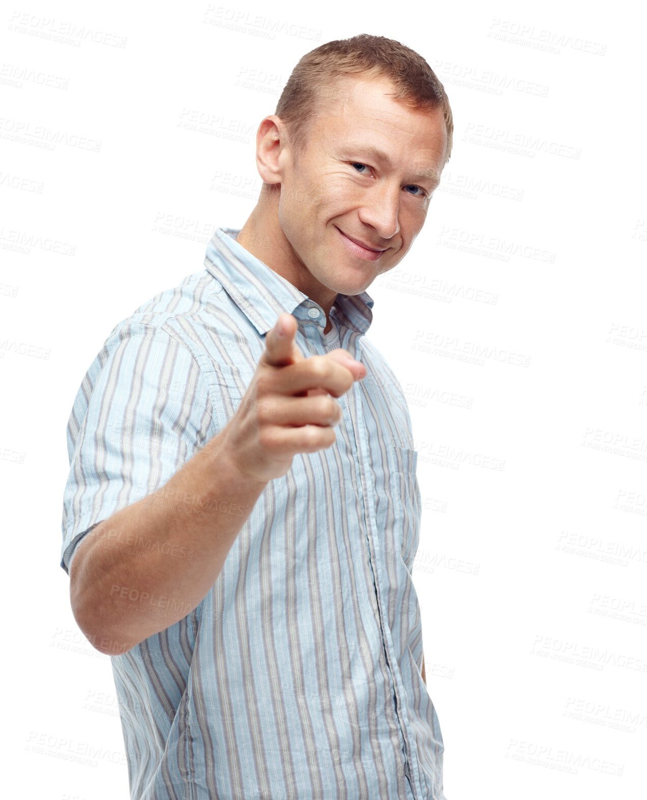 Buy stock photo Portrait of business man pointing you for winner, opportunity and success choice or hiring. Worker, employee or mature person, finger and hand sign for decision isolated on transparent png background