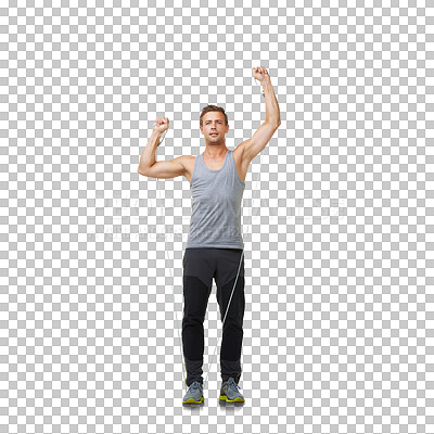 Buy stock photo Exercise, body stretching and man with resistance band in fitness gym, commitment to health motivation. Workout stretch, rope for muscle training bodybuilder isolated on transparent png background.