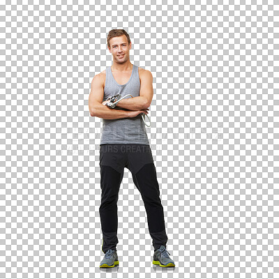 Buy stock photo Fitness, smile and arms crossed with portrait of man on png for gym, training and workout. Health, exercise and wellness with male bodybuilder isolated on transparent background for sports and 