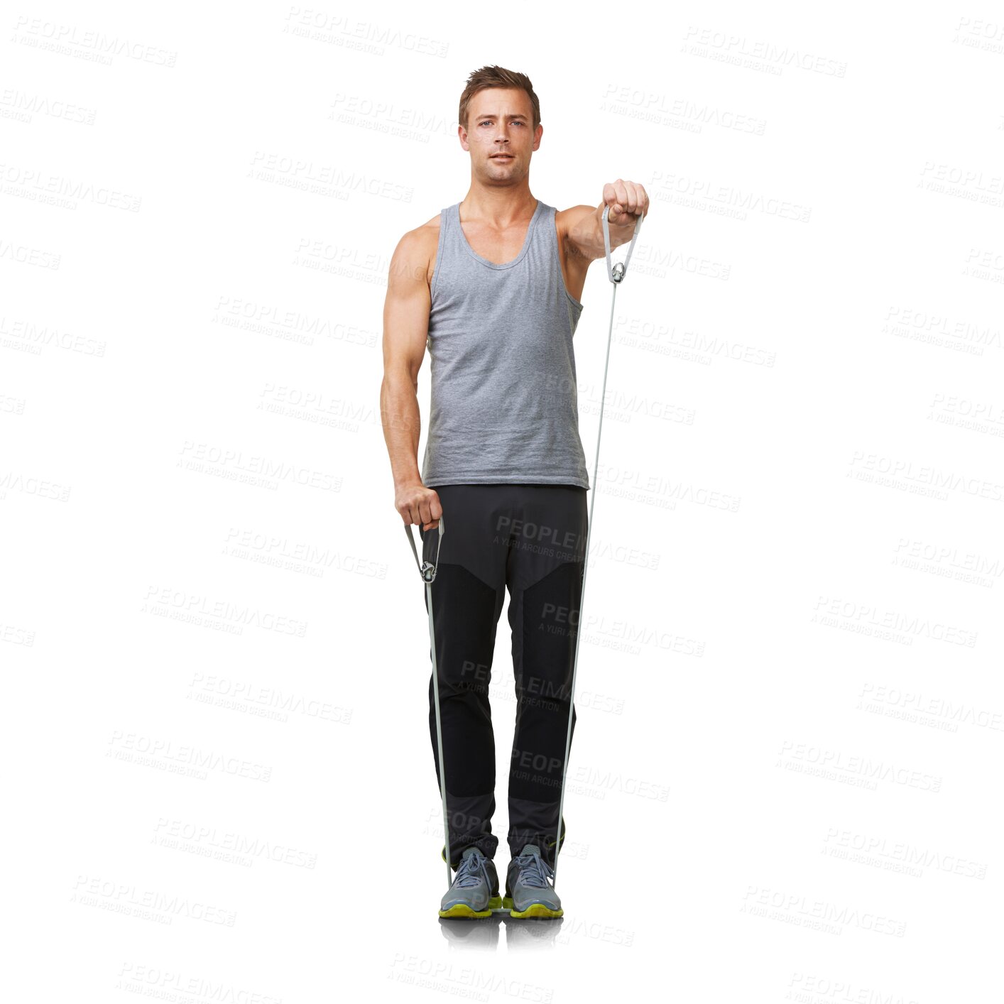 Buy stock photo Exercise, body stretching and portrait of man with resistance band in fitness, commitment or health motivation. Workout, stretch rope for muscle and bodybuilder isolated on transparent png background