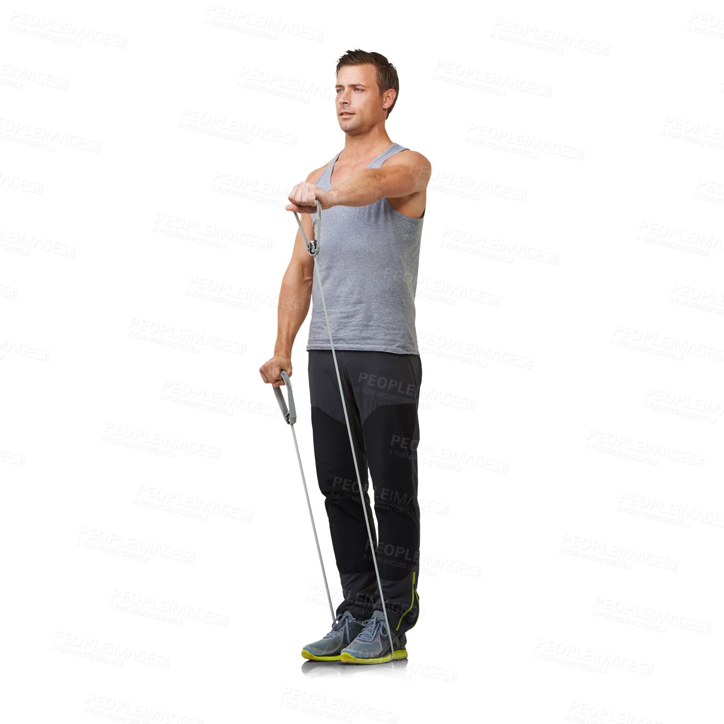 Buy stock photo Fitness, resistance rope and man in stretching exercise, gym and commitment to health care. Workout stretch, band for arms and legs, muscle training bodybuilder isolated on transparent png background