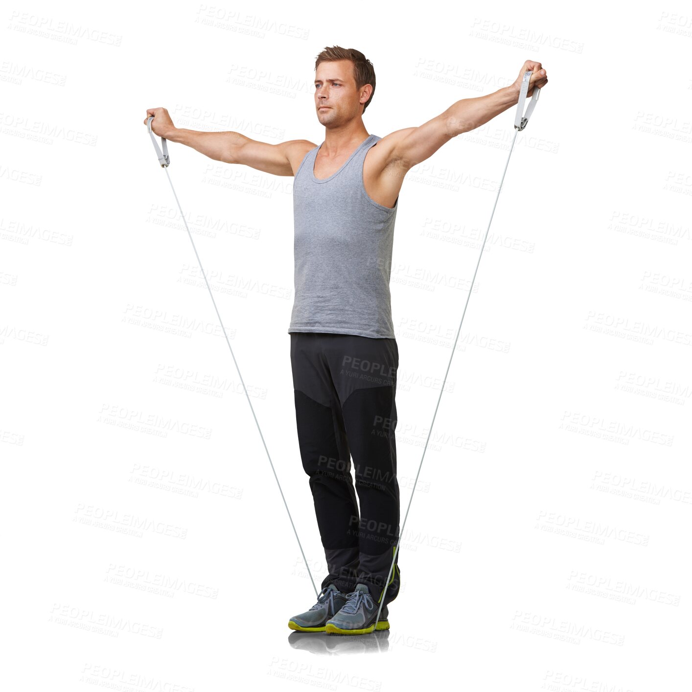 Buy stock photo Fitness, arms stretching and man with resistance band in exercise gym, commitment to health motivation. Workout stretch, rope for muscle training bodybuilder isolated on transparent png background.