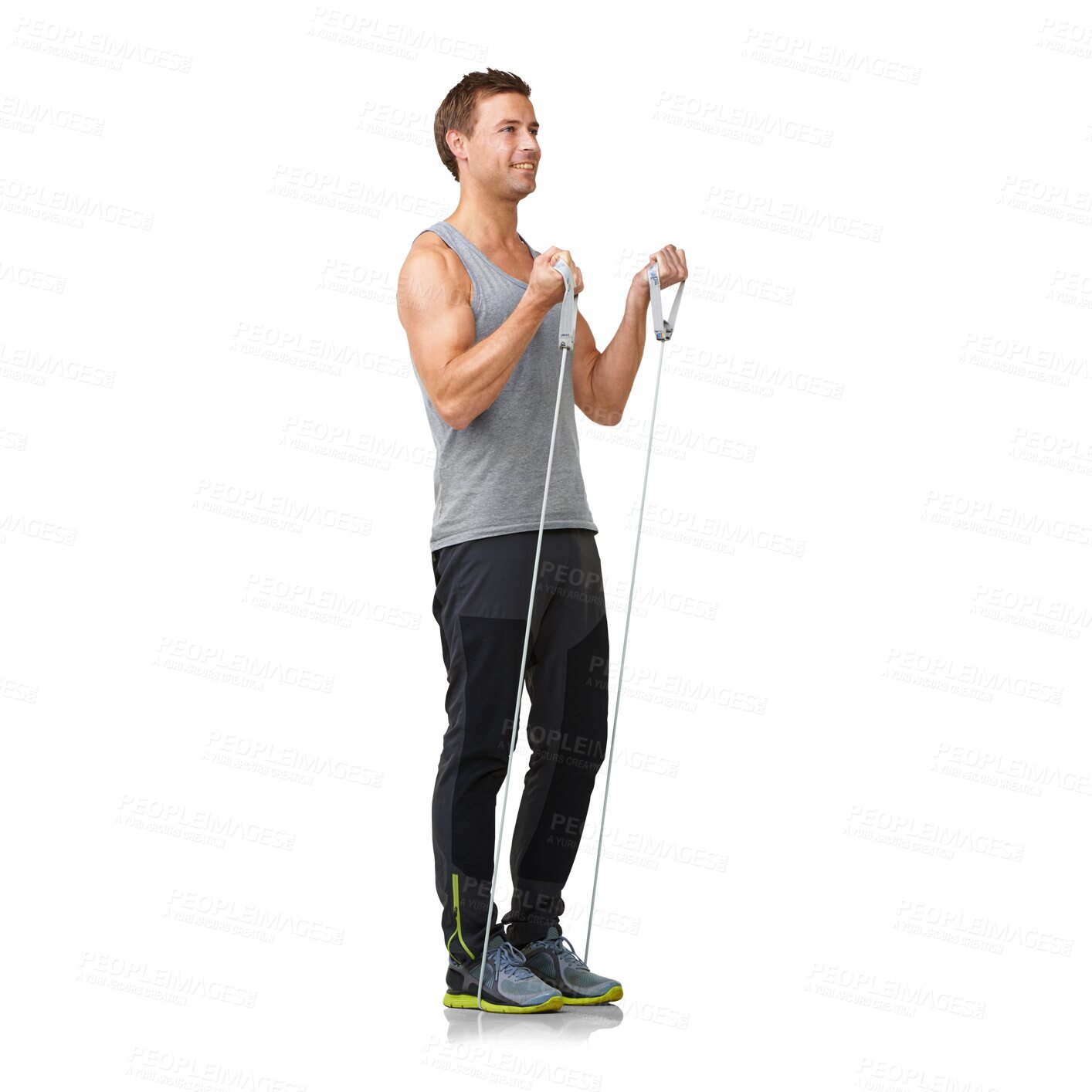 Buy stock photo Fitness, muscle stretching and man with resistance band in exercise gym, commitment to health motivation. Workout stretch, rope for arms training bodybuilder isolated on transparent png background.