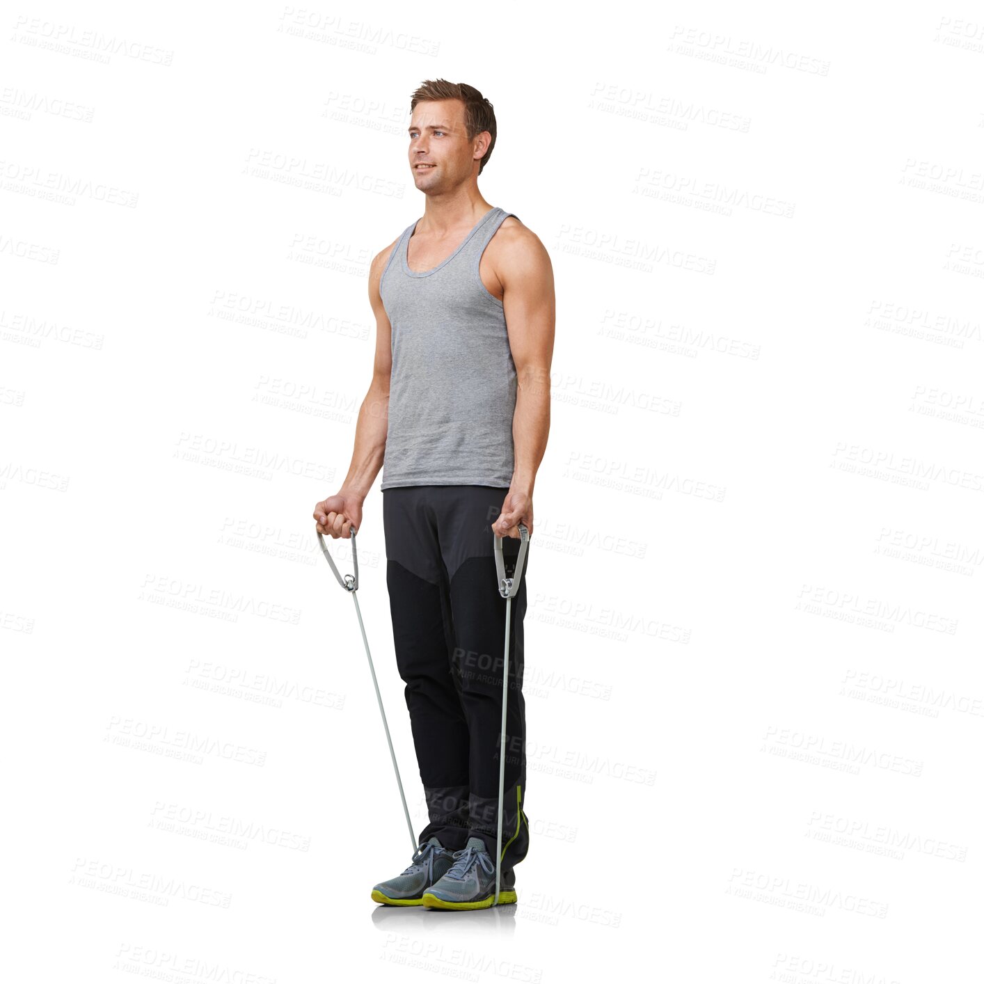 Buy stock photo Workout, body stretching and man with resistance band in fitness gym, commitment to health motivation. Fitness stretch, rope for muscle training bodybuilder isolated on transparent png background.