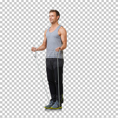 Buy stock photo Fitness, resistance rope and happy man in exercise, stretching commitment to health motivation. Workout stretch, sports band for arms and legs, muscle training isolated on transparent png background.