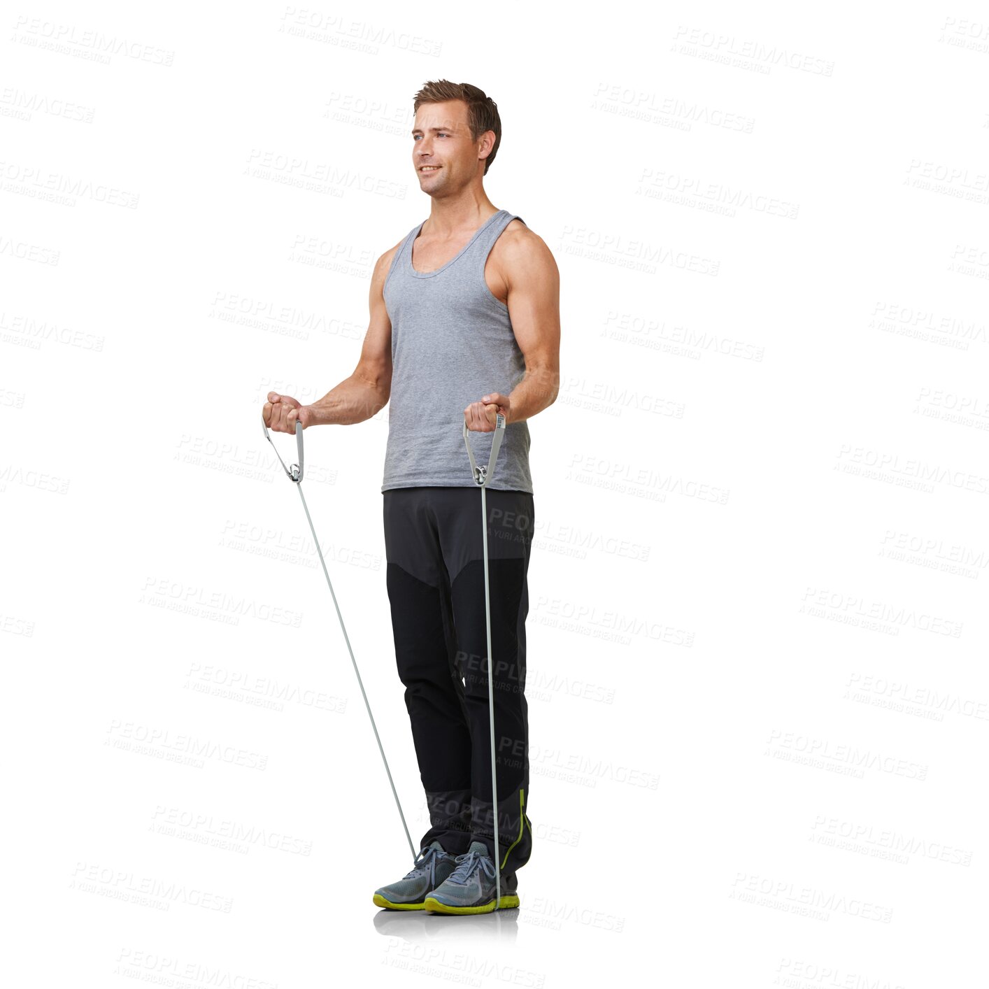 Buy stock photo Fitness, resistance rope and happy man in exercise, stretching commitment to health motivation. Workout stretch, sports band for arms and legs, muscle training isolated on transparent png background.