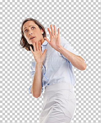 Buy stock photo Woman, scared and stop with hands isolated on a transparent png background for alert, horror and anxiety. Worried mature female model in fear, stress and surprise of danger, panic and bad reaction