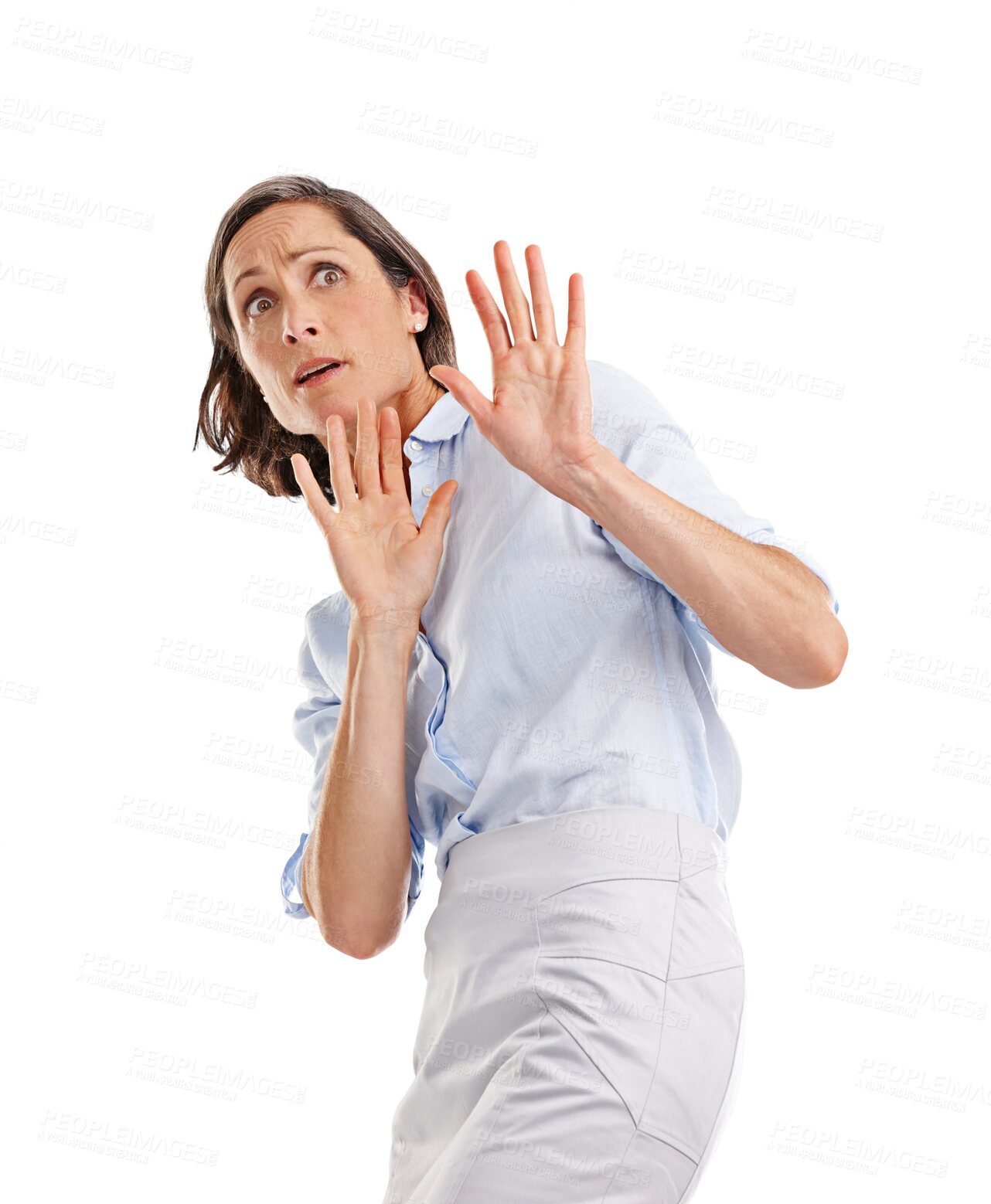 Buy stock photo Woman, scared and stop with hands isolated on a transparent png background for alert, horror and anxiety. Worried mature female model in fear, stress and surprise of danger, panic and bad reaction