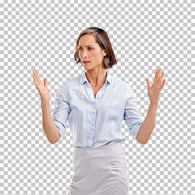 Buy stock photo Measure, size and mature woman with hand for comparison gesture with concern face expression. Upset, unsure and professional female model with measuring gesture isolated by transparent png background