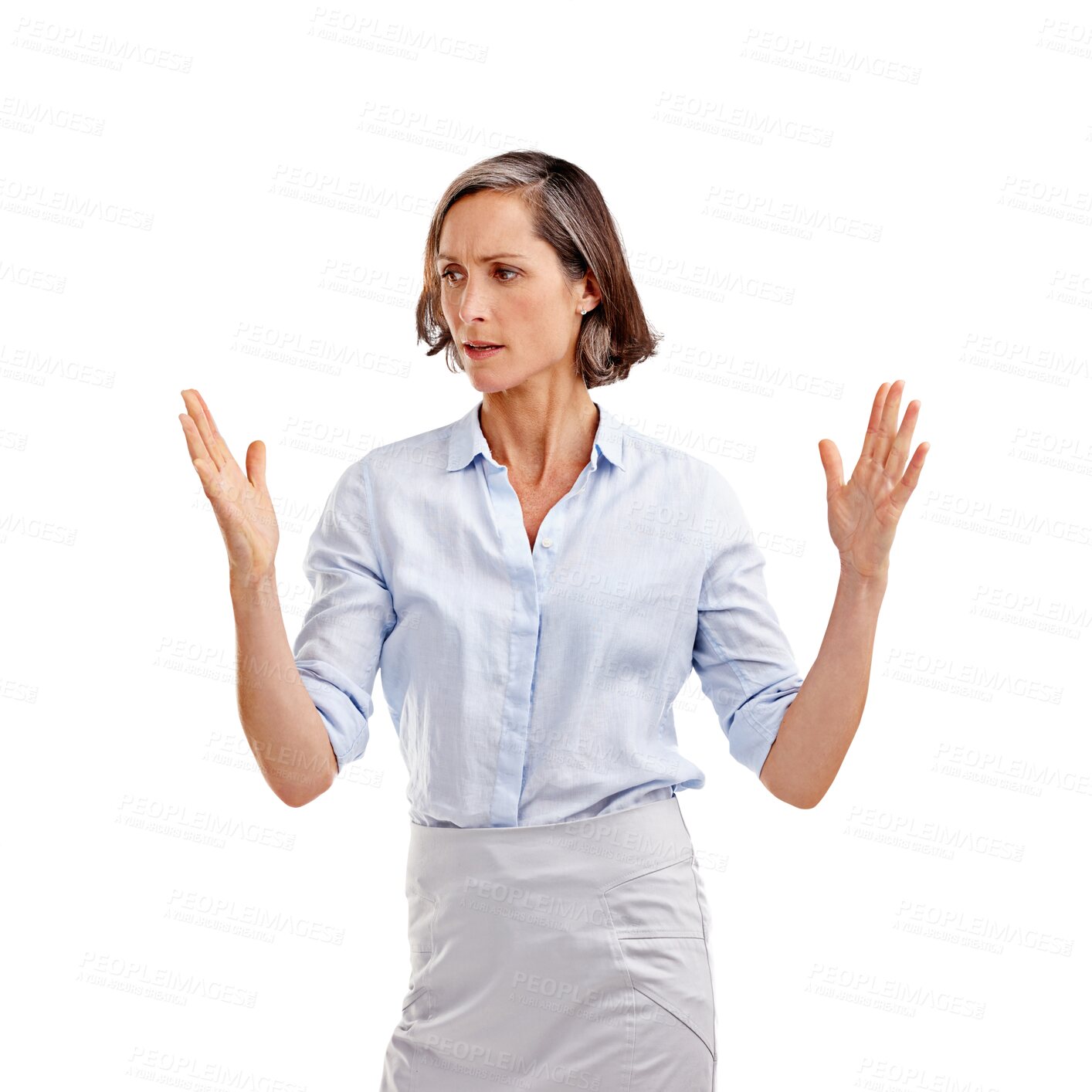 Buy stock photo Measure, size and mature woman with hand for comparison gesture with concern face expression. Upset, unsure and professional female model with measuring gesture isolated by transparent png background