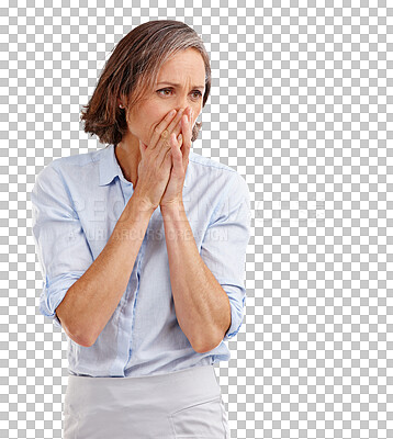 Buy stock photo Surprise, shocked and news with business woman on png for deal, announcement and secret. Wow, deal and notification with senior employee isolated on transparent background for drama and secret