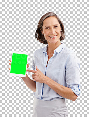 Buy stock photo Business woman, portrait and tablet with green screen mockup for presentation, information or isolated on transparent png background. Happy mature manager show space on digital technology for sign up